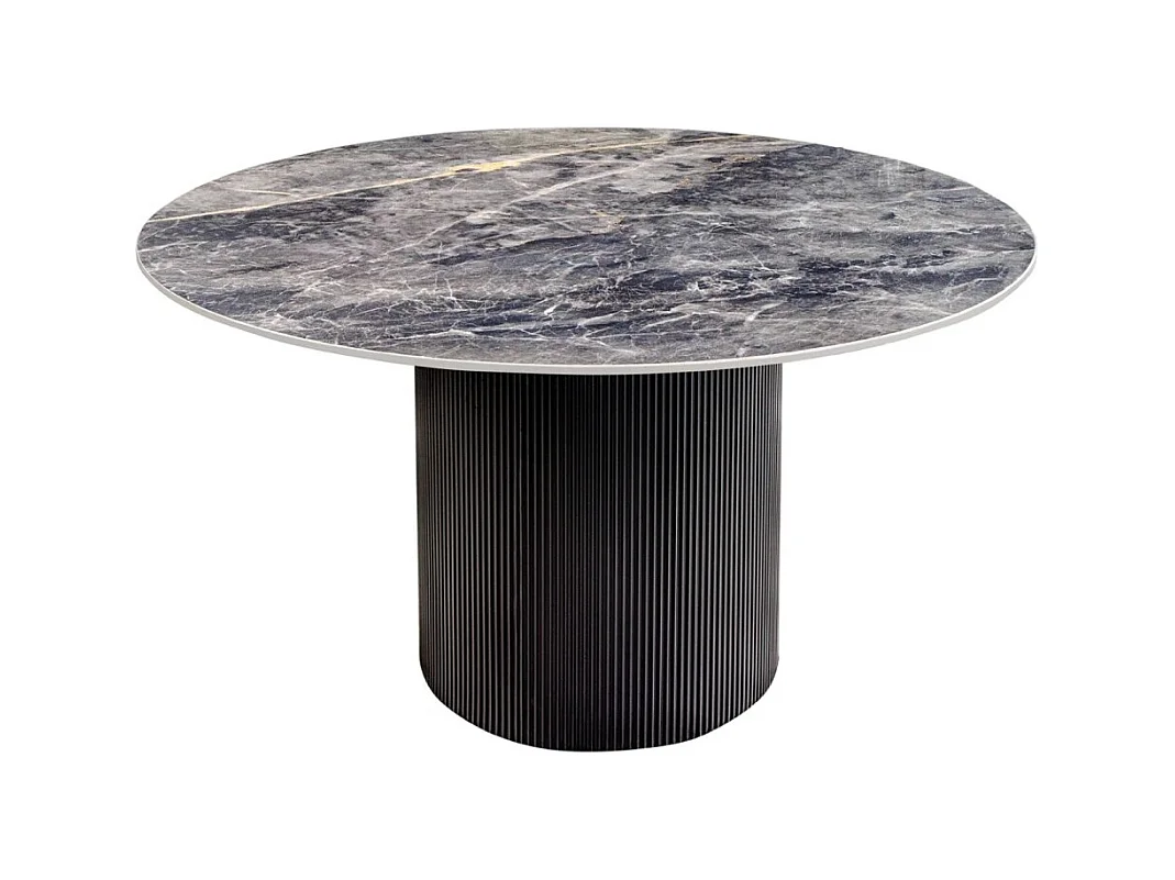 Table de salle à manger LUMEA – Ronde 120 cm – Effet marbre gris foncé – Pied central large – Style contemporain