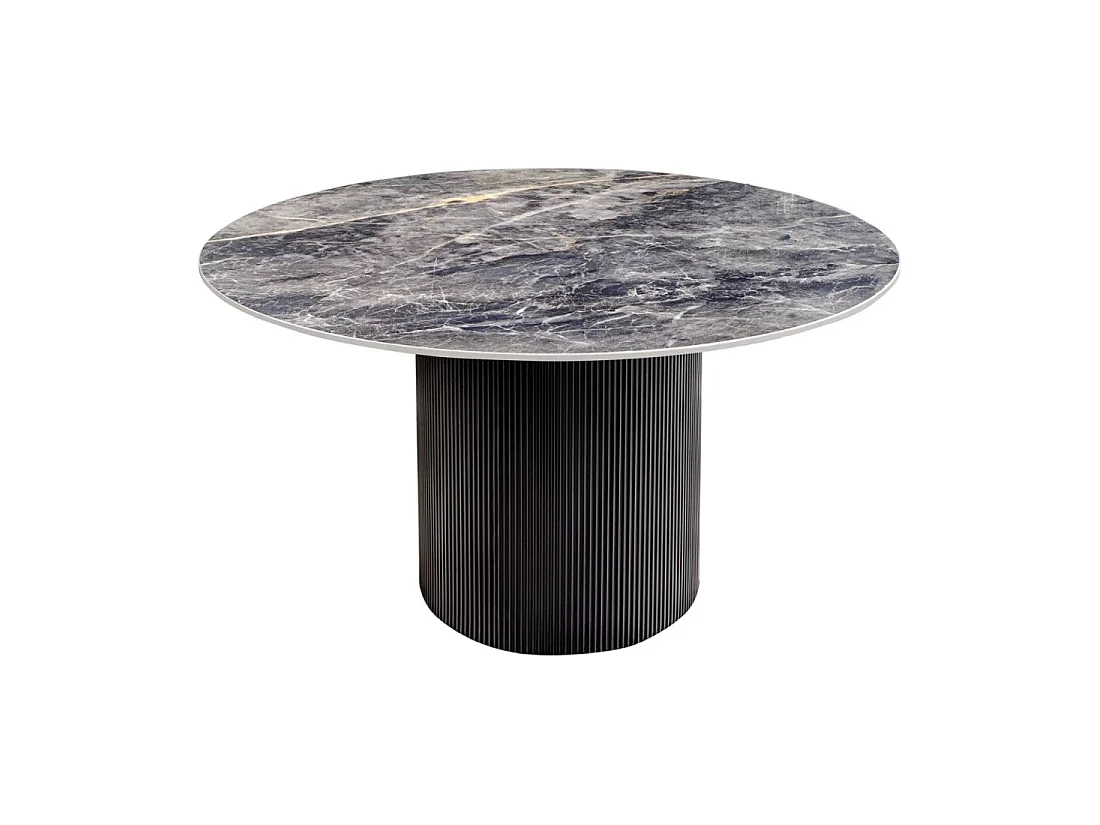 Mesa de comedor LUMEA – Redonda 120 cm – Efecto mármol gris oscuro – Pie central ancho – Estilo contemporáneo