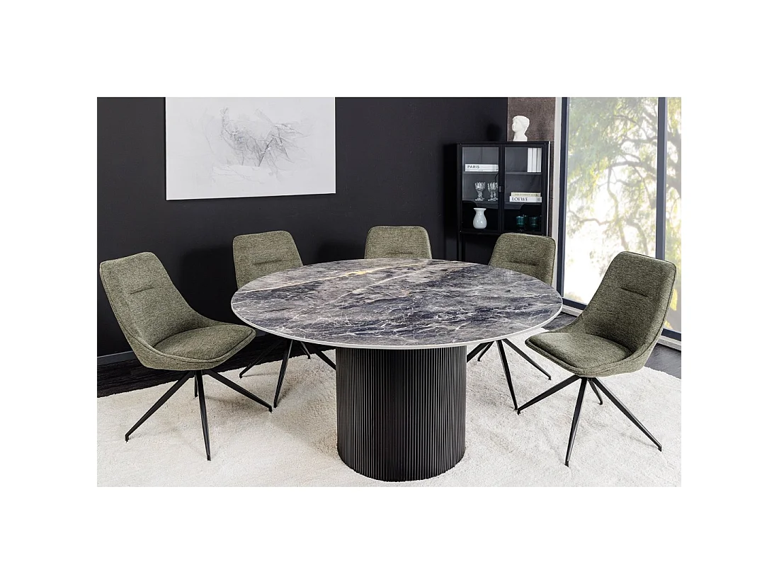 Mesa de comedor LUMEA – Redonda 120 cm – Efecto mármol gris oscuro – Pie central ancho – Estilo contemporáneo
