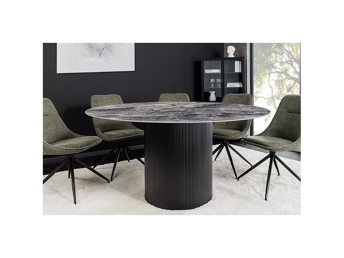Mesa de comedor LUMEA – Redonda 120 cm – Efecto mármol gris oscuro – Pie central ancho – Estilo contemporáneo