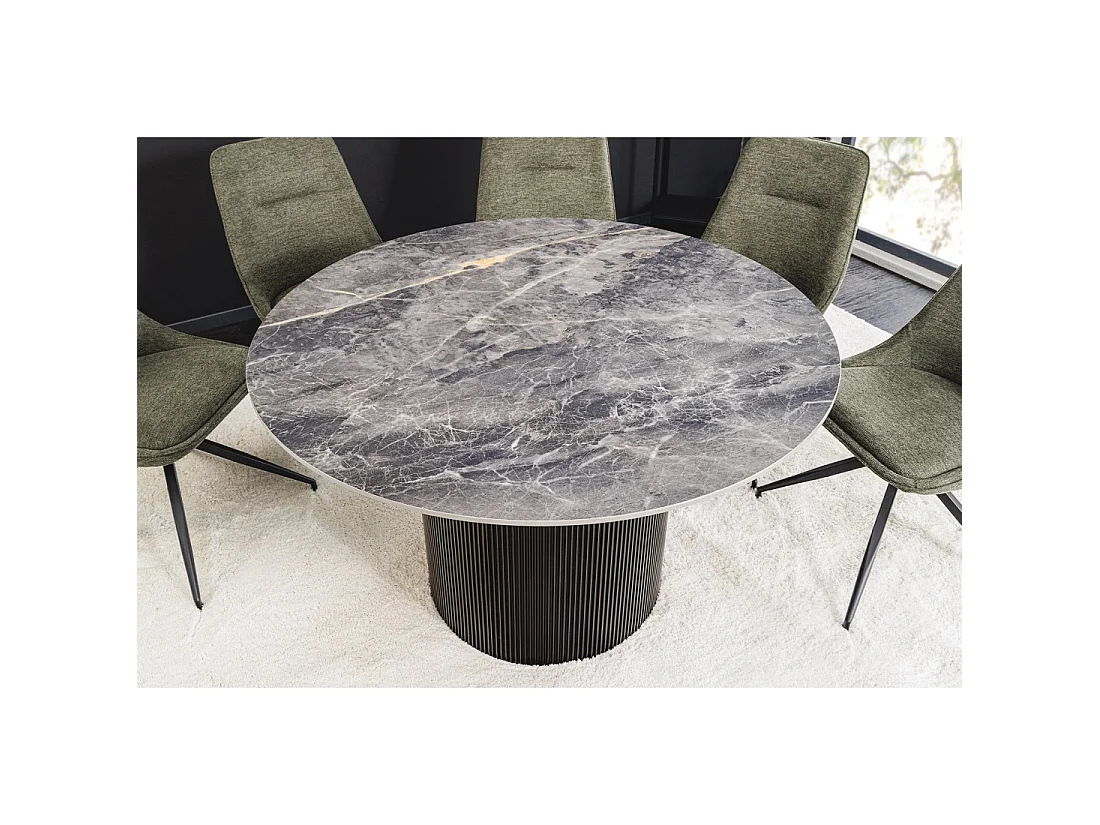 Mesa de comedor LUMEA – Redonda 120 cm – Efecto mármol gris oscuro – Pie central ancho – Estilo contemporáneo