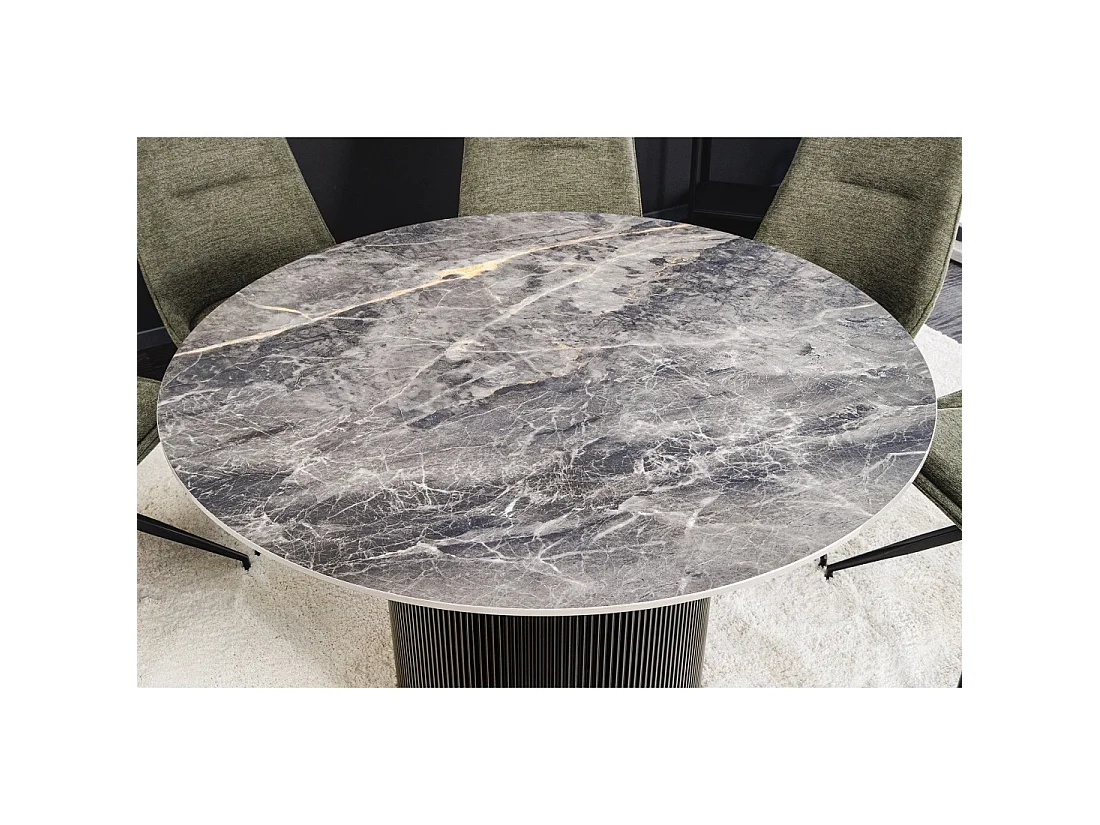 Mesa de comedor LUMEA – Redonda 120 cm – Efecto mármol gris oscuro – Pie central ancho – Estilo contemporáneo