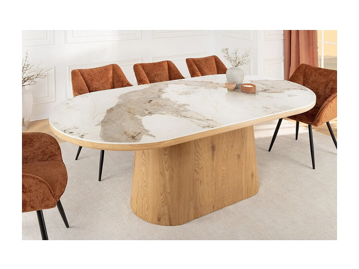 Table de salle à manger LUMEA – Ovale 200 cm – Effet marbre blanc – Pied large – Style contemporain