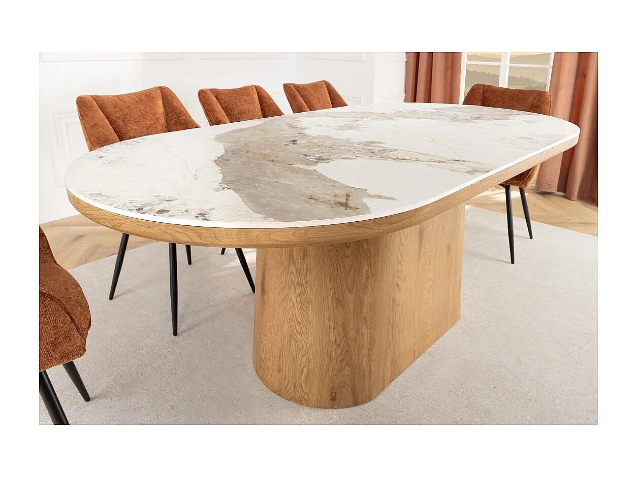 Table de salle à manger LUMEA – Ovale 200 cm – Effet marbre blanc – Pied large – Style contemporain