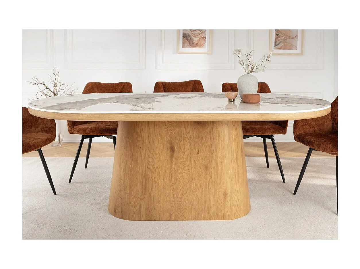 Table de salle à manger LUMEA – Ovale 200 cm – Effet marbre blanc – Pied large – Style contemporain