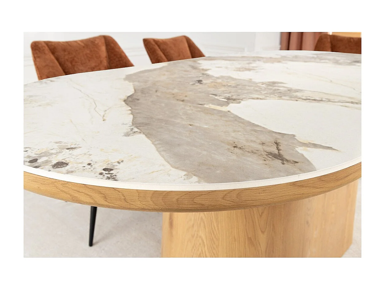 Table de salle à manger LUMEA – Ovale 200 cm – Effet marbre blanc – Pied large – Style contemporain