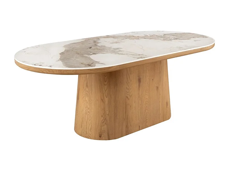 Table de salle à manger LUMEA – Ovale 200 cm – Effet marbre blanc – Pied large – Style contemporain