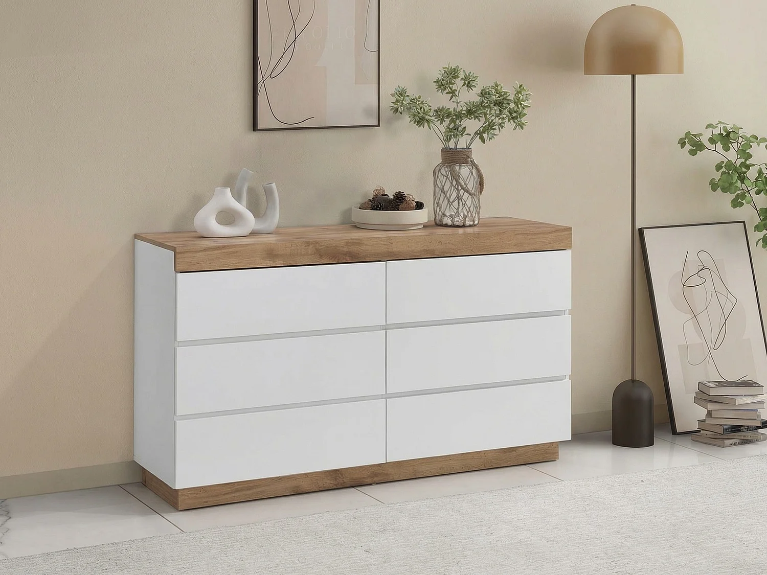 Commode 6 tiroirs - Blanc et naturel - RENIRI