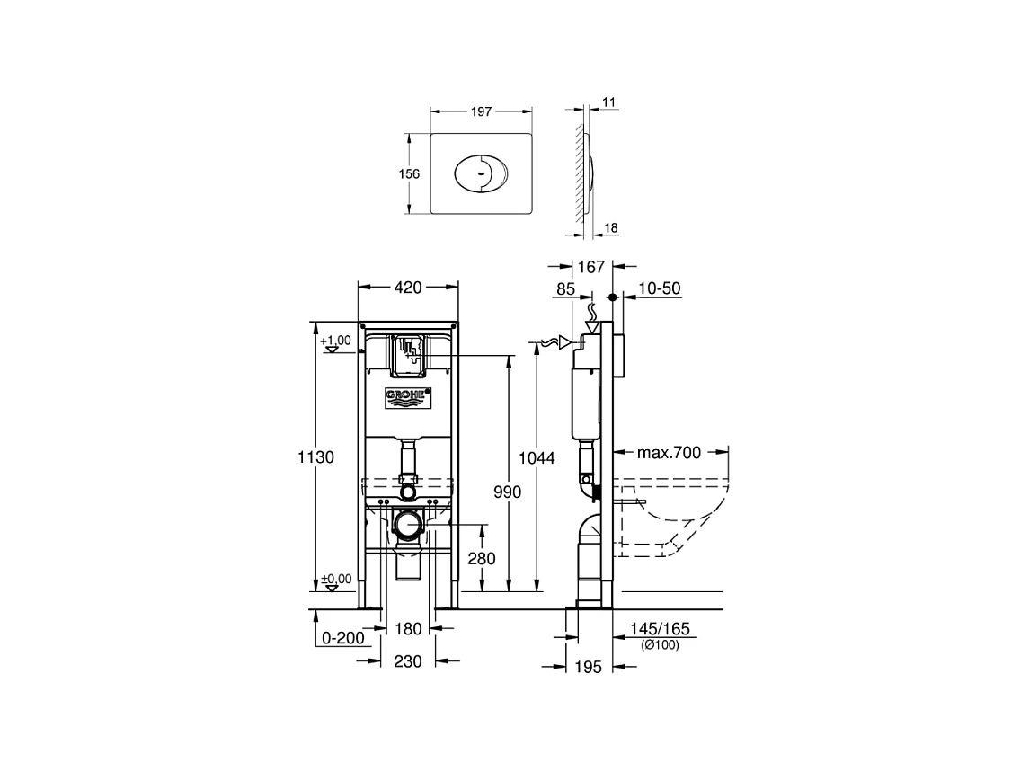 GROHE-  Bati support wc largeur réduite plaque commande Skate Air horizontal - Chrome