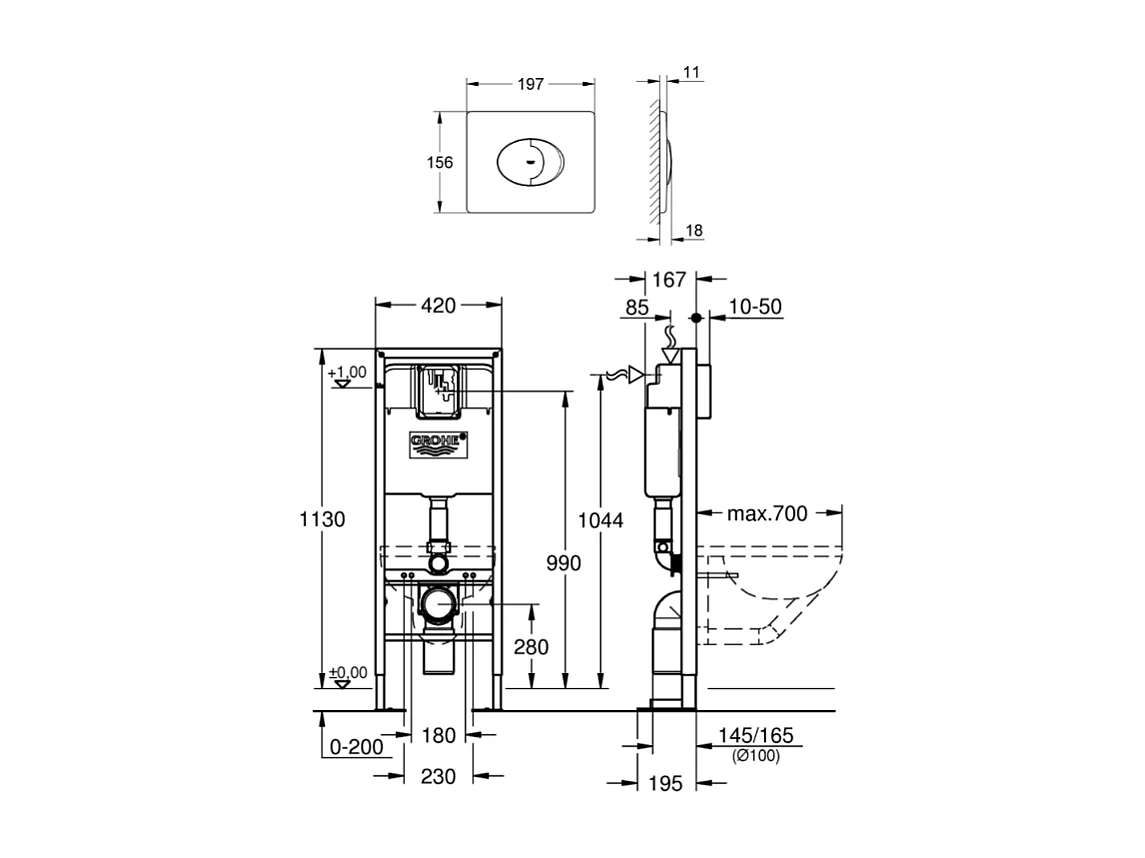 GROHE-  Bati support wc largeur réduite plaque commande Skate Air horizontal - Chrome