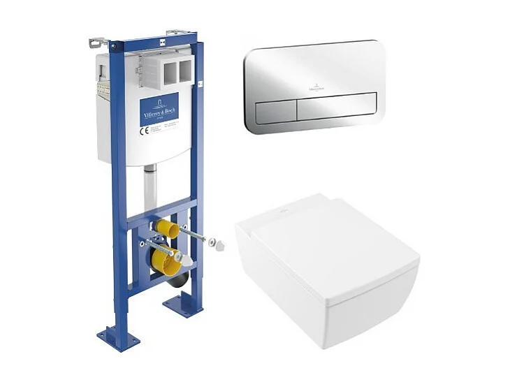 Pack WC suspendu sans bride VILLEROY ET BOCH Memento 2.0 + abattant + plaque chromée + bâti VILLEROY ET BOCH