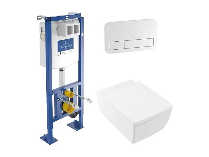 Pack WC suspendu sans bride VILLEROY ET BOCH Memento 2.0 + abattant + plaque blanche + bâti VILLEROY ET BOCH