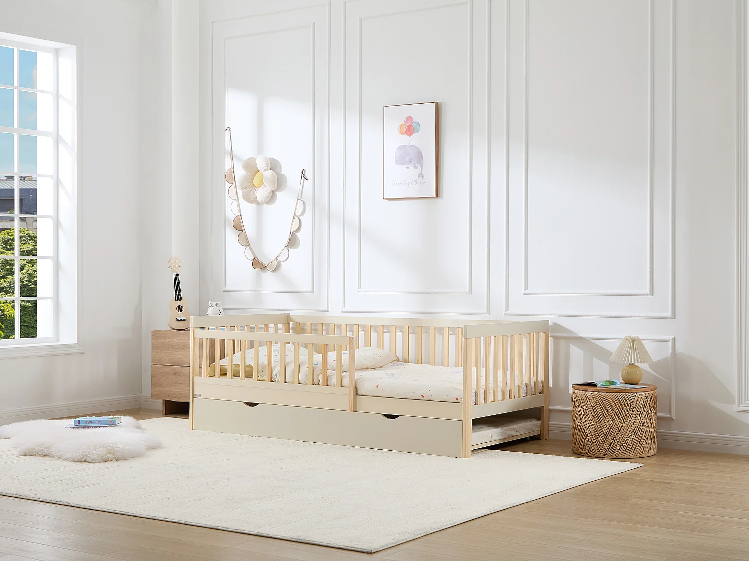 Lit 90 x 190 cm avec tiroir gigogne - Pin et MDF – Beige et Naturel - PROVIATI