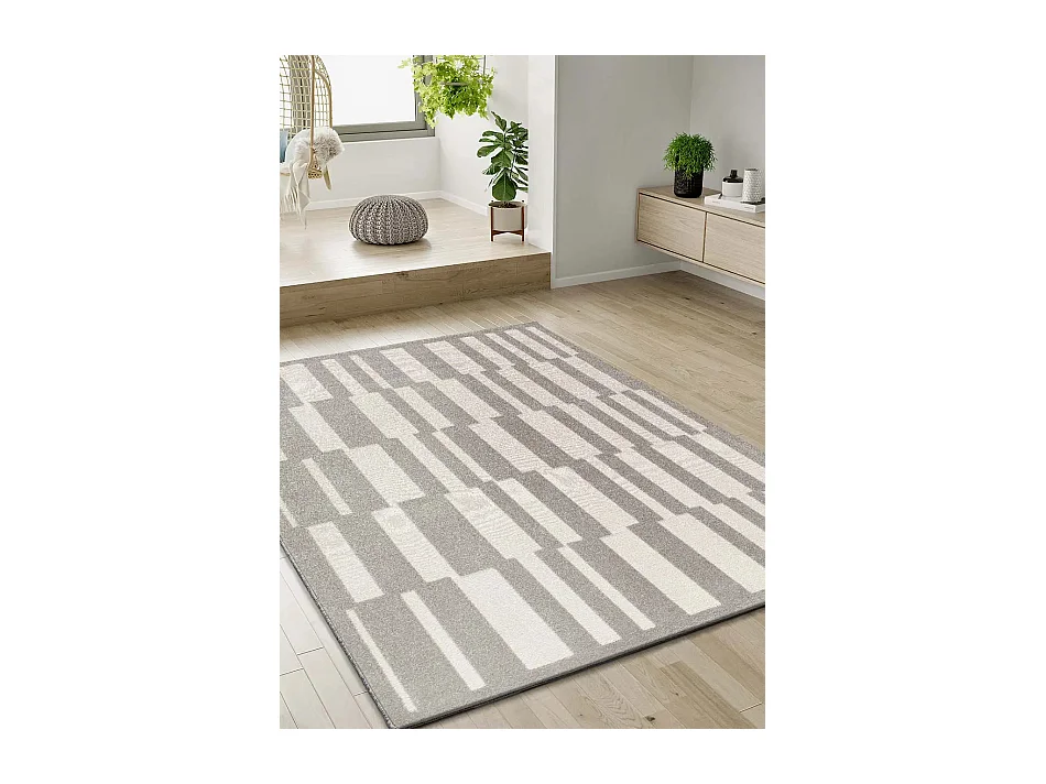 Tapis intérieur - géométrique avec relief - gris / blanc - 200 x 290 cm - BARESA