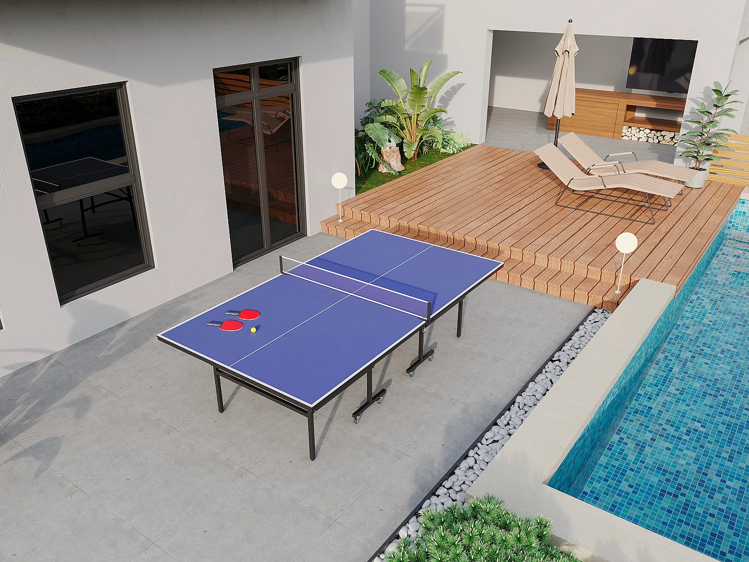 Table de ping-pong bleu pliable à roulettes pour extérieur avec accessoires - L274 x P152.5 x H76 cm - JORDIE