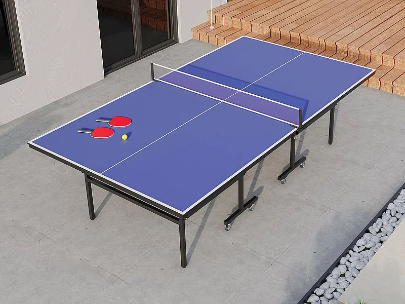 Table de ping-pong bleu pliable à roulettes pour extérieur avec accessoires - L274 x P152.5 x H76 cm - JORDIE