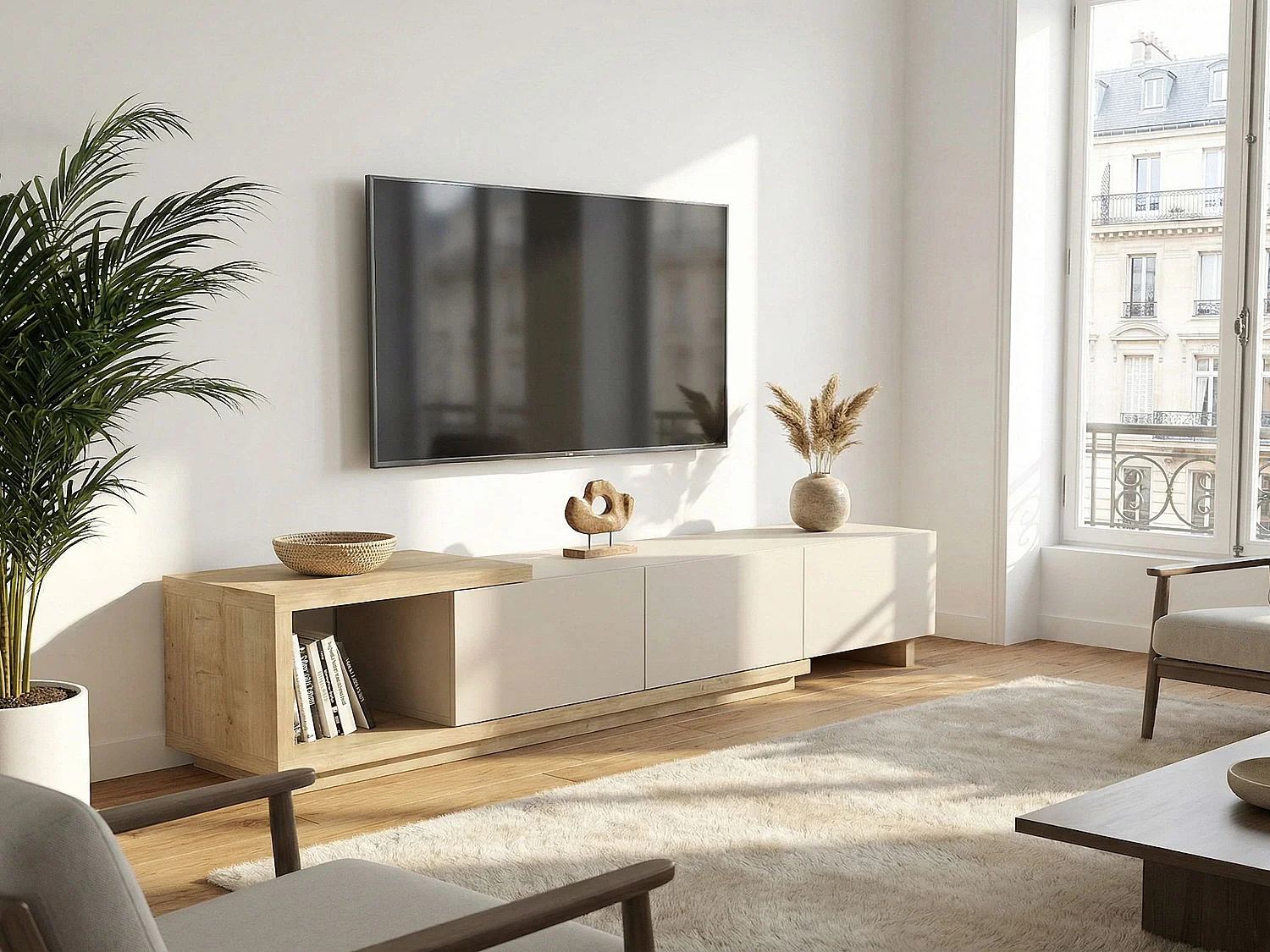 Meuble TV avec 3 tiroirs et 1 niche - Beige et Naturel clair - DUKIAN