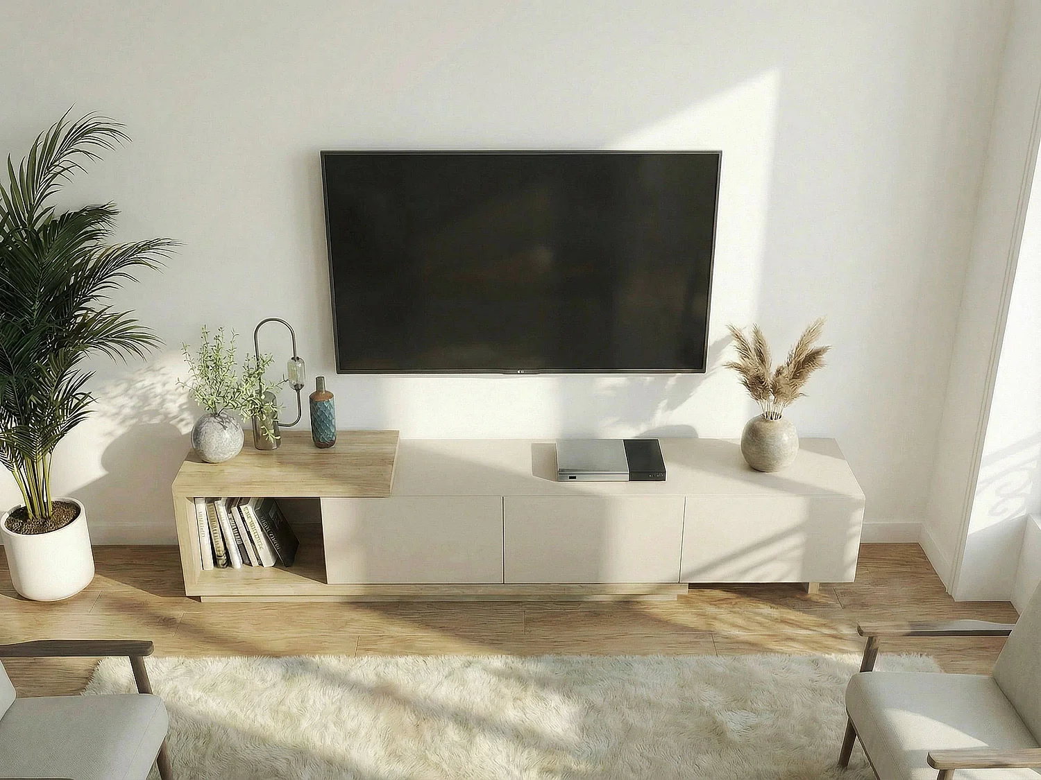 Meuble TV avec 3 tiroirs et 1 niche - Beige et Naturel clair - DUKIAN