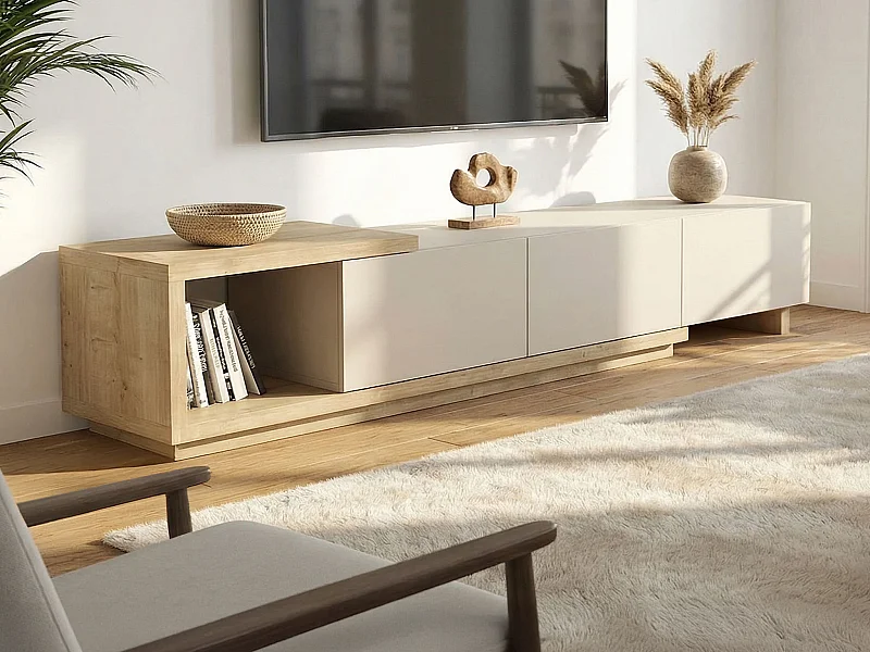 Meuble TV avec 3 tiroirs et 1 niche - Beige et Naturel clair - DUKIAN