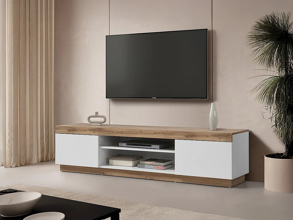 Meuble TV avec 2 portes et 2 niches - Blanc et Naturel - RENIRI