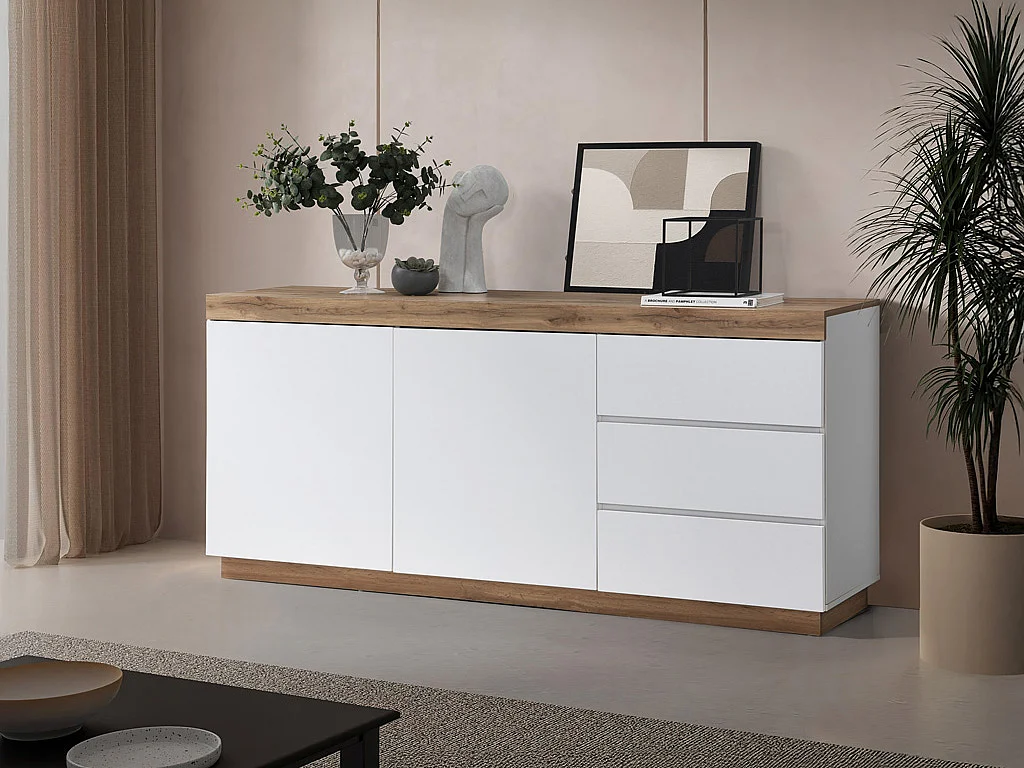 Buffet avec 2 portes et 3 tiroirs - Blanc et Naturel - RENIRI