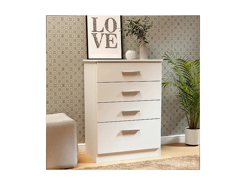 Cómoda para Dormitorio 4 cajones, Blanco Snow, 86x61x38 - Buyqualia