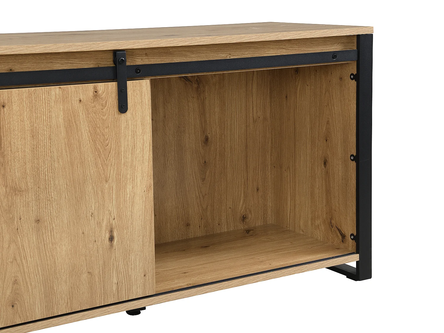 Meuble TV avec 2 portes coulissantes, 1 tiroir et 1 niche en MDF et métal noir - Naturel - BELINARO