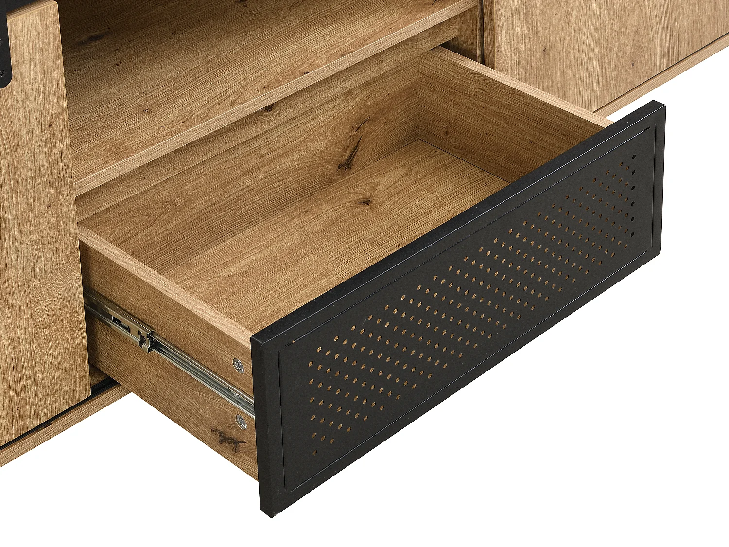 Meuble TV avec 2 portes coulissantes, 1 tiroir et 1 niche en MDF et métal noir - Naturel - BELINARO