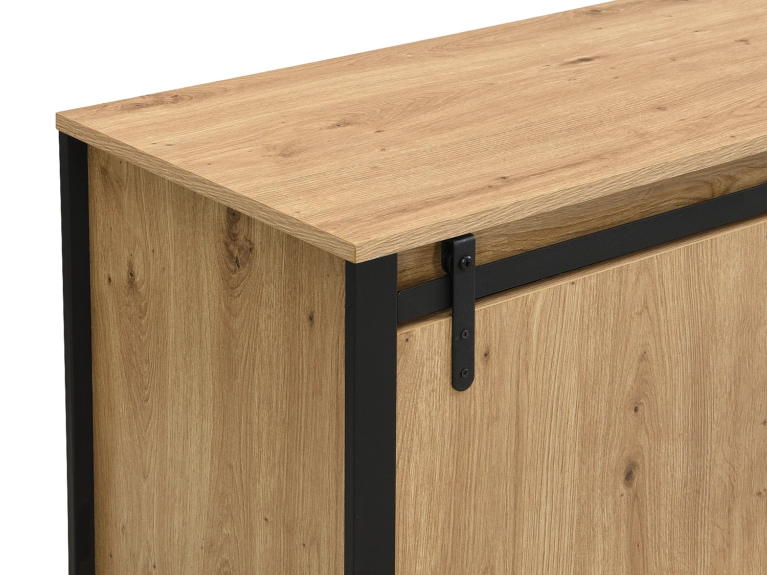 Meuble TV avec 2 portes coulissantes, 1 tiroir et 1 niche en MDF et métal noir - Naturel - BELINARO