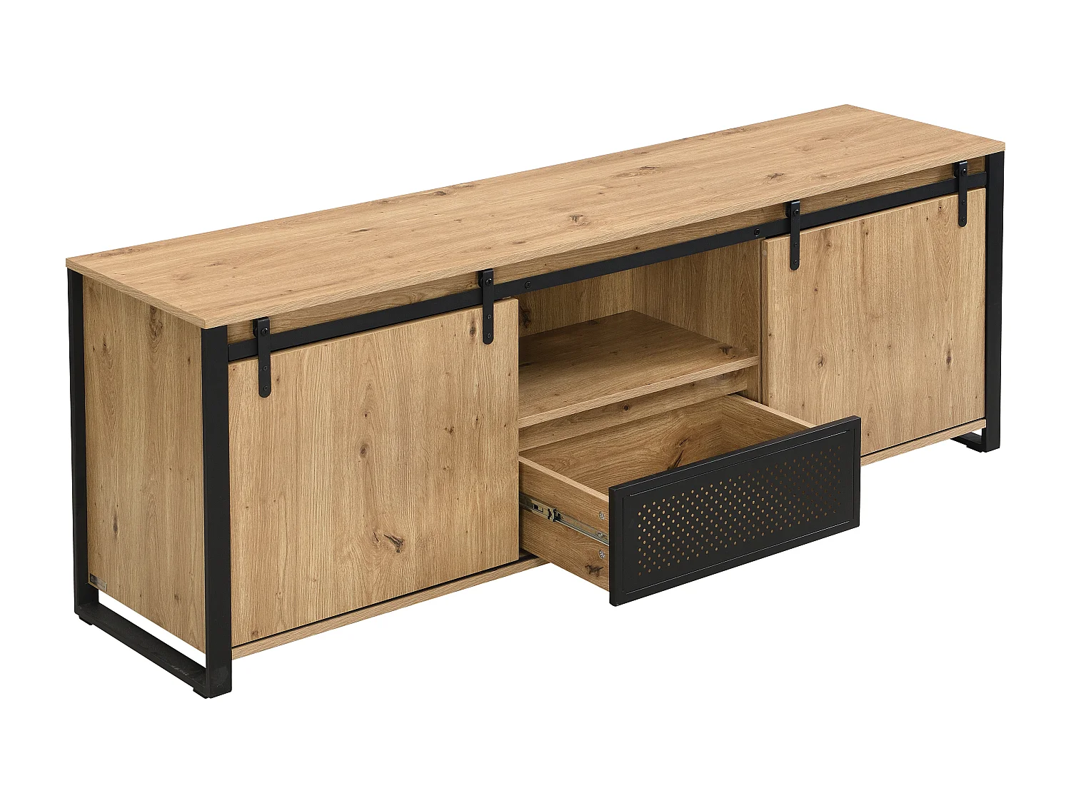 Meuble TV avec 2 portes coulissantes, 1 tiroir et 1 niche en MDF et métal noir - Naturel - BELINARO