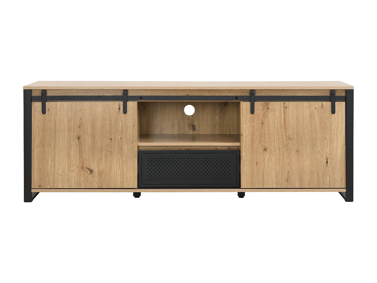 Meuble TV avec 2 portes coulissantes, 1 tiroir et 1 niche en MDF et métal noir - Naturel - BELINARO