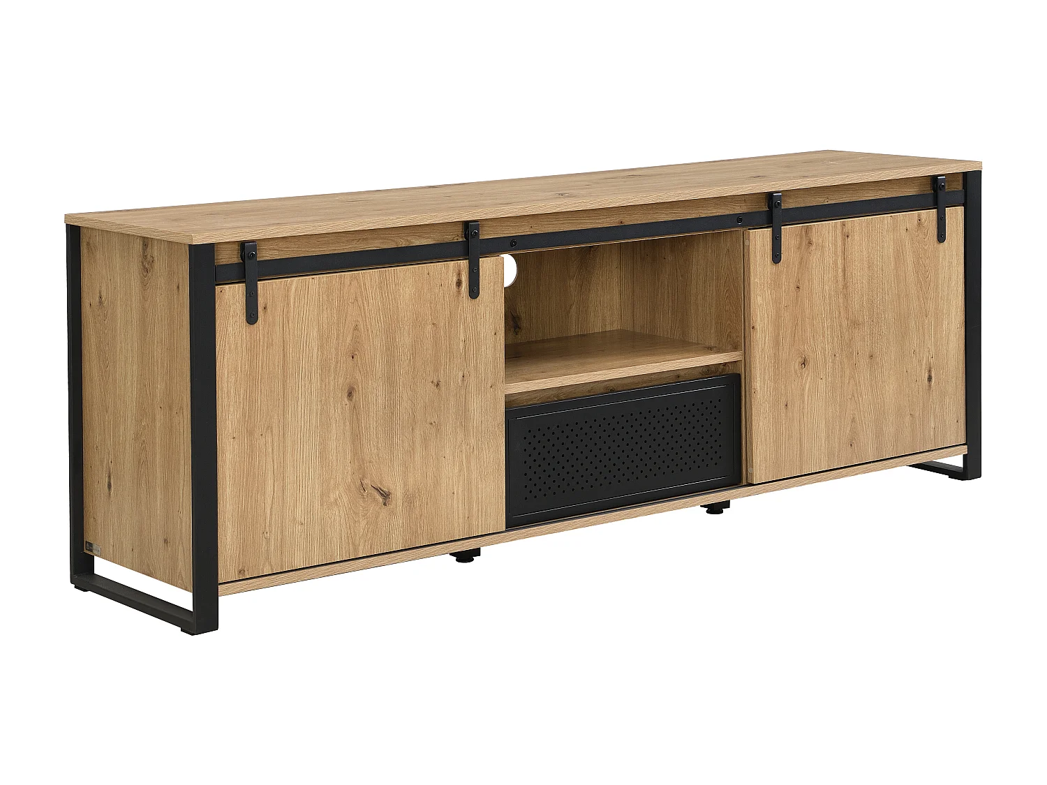 Meuble TV avec 2 portes coulissantes, 1 tiroir et 1 niche en MDF et métal noir - Naturel - BELINARO