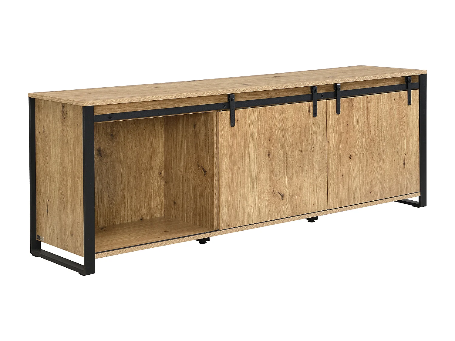 Meuble TV avec 2 portes coulissantes, 1 tiroir et 1 niche en MDF et métal noir - Naturel - BELINARO