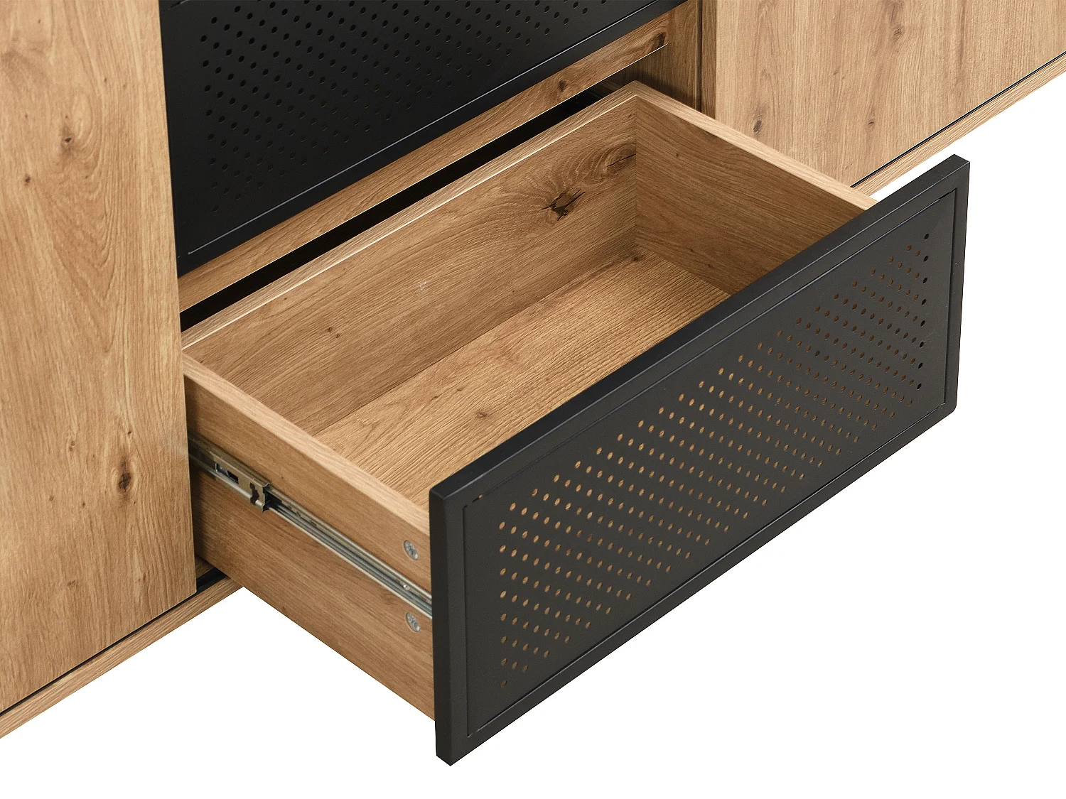 Buffet avec 2 portes coulissantes et 3 tiroirs en MDF et métal noir - Naturel - BELINARO