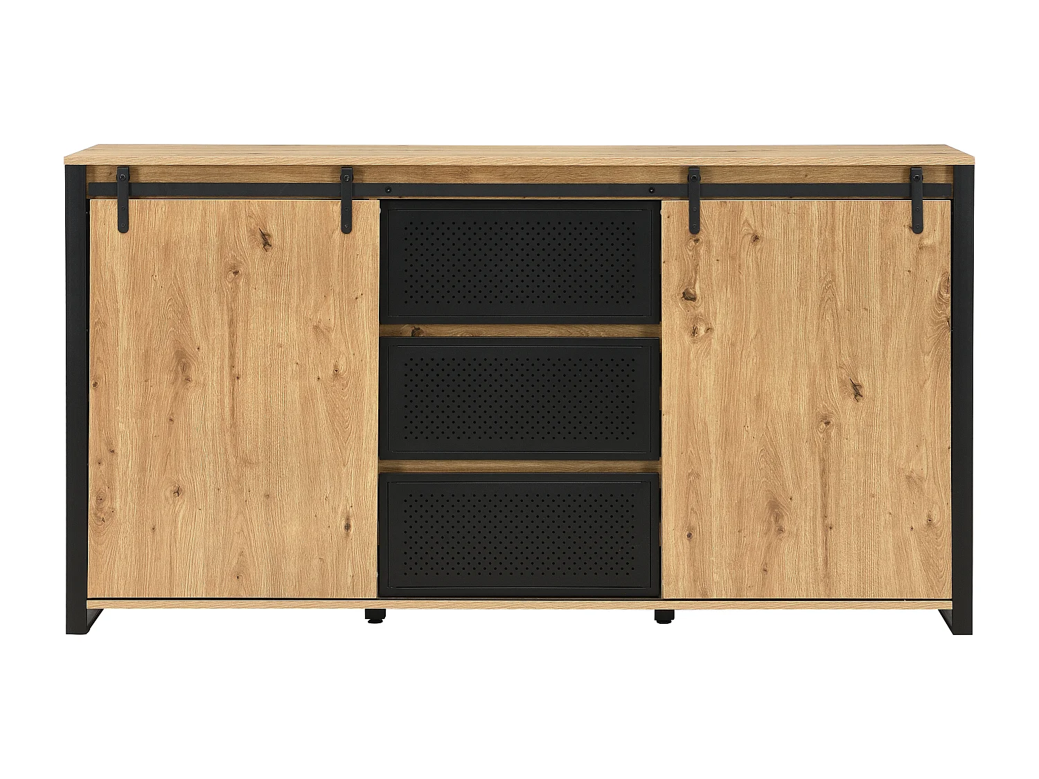 Buffet avec 2 portes coulissantes et 3 tiroirs en MDF et métal noir - Naturel - BELINARO