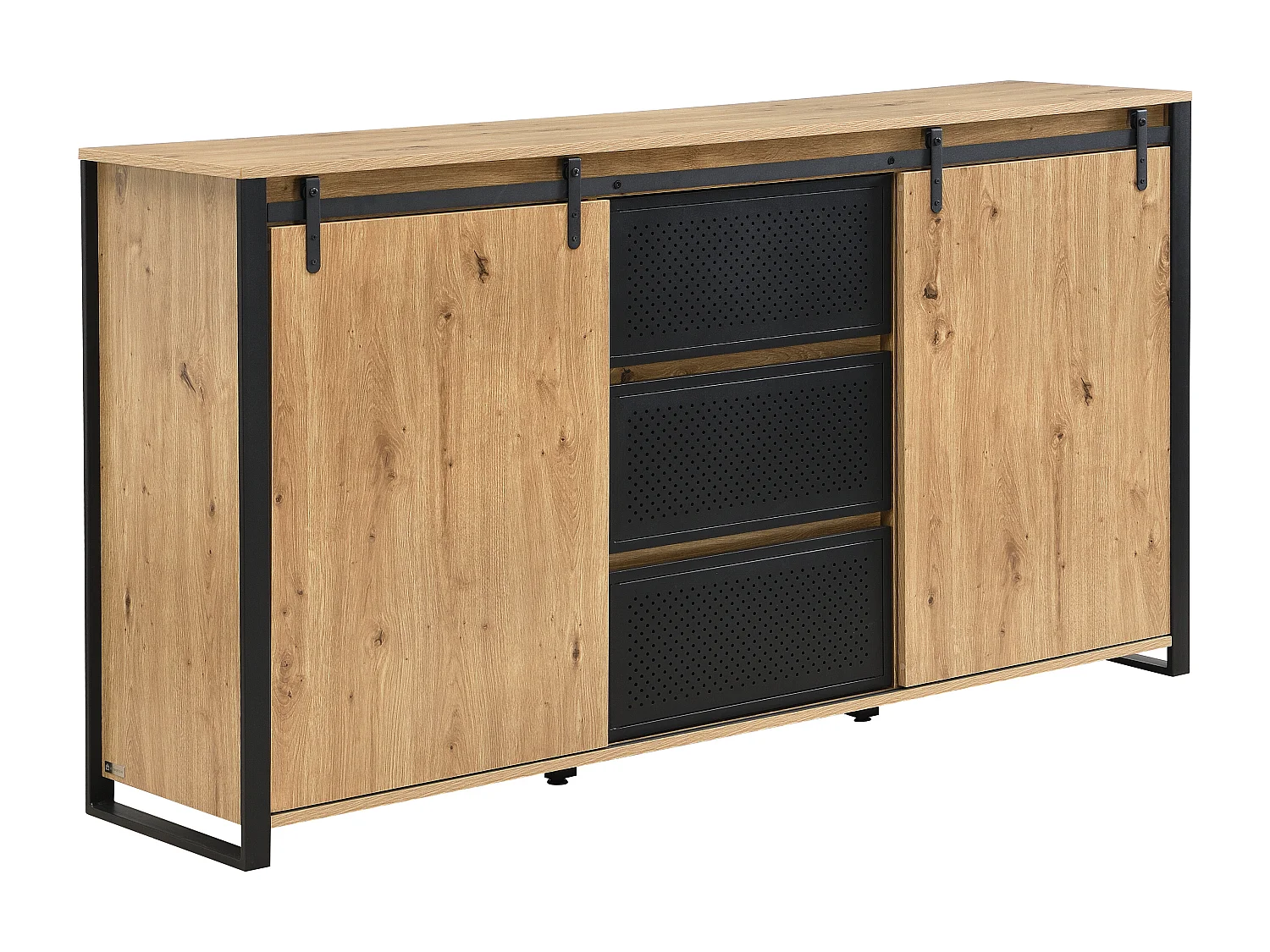 Buffet avec 2 portes coulissantes et 3 tiroirs en MDF et métal noir - Naturel - BELINARO