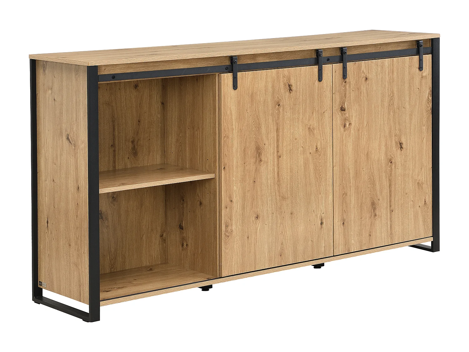 Buffet avec 2 portes coulissantes et 3 tiroirs en MDF et métal noir - Naturel - BELINARO