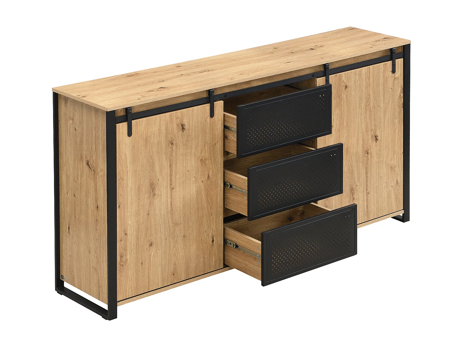 Buffet avec 2 portes coulissantes et 3 tiroirs en MDF et métal noir - Naturel - BELINARO