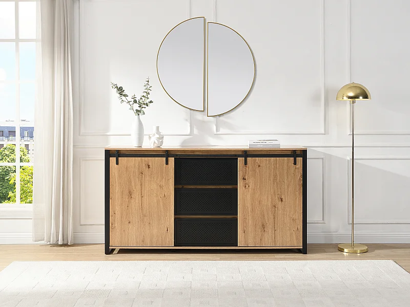 Buffet avec 2 portes coulissantes et 3 tiroirs en MDF et métal noir - Naturel - BELINARO