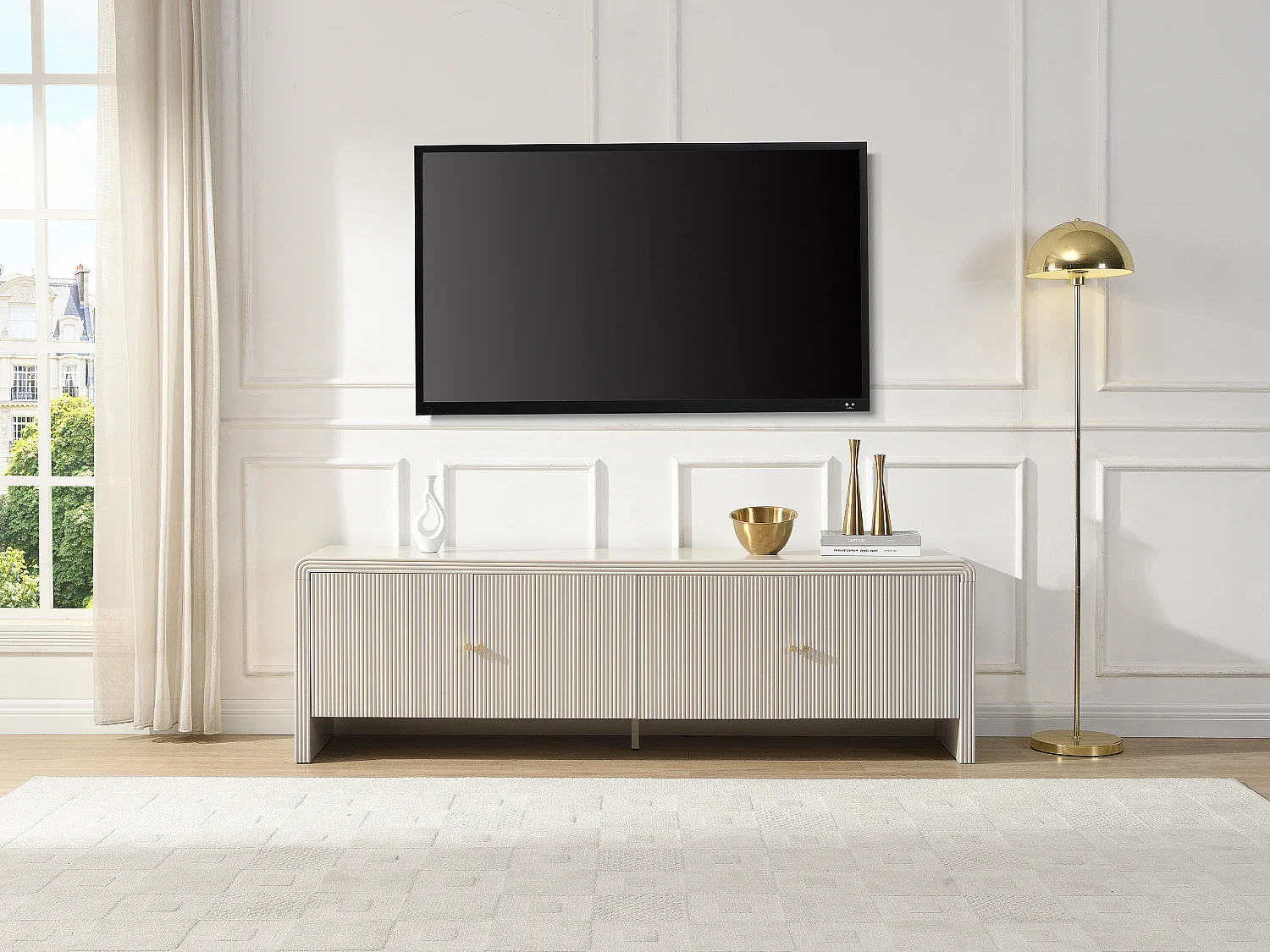 Meuble TV avec 4 portes en MDF - Beige et doré - MIRENALO