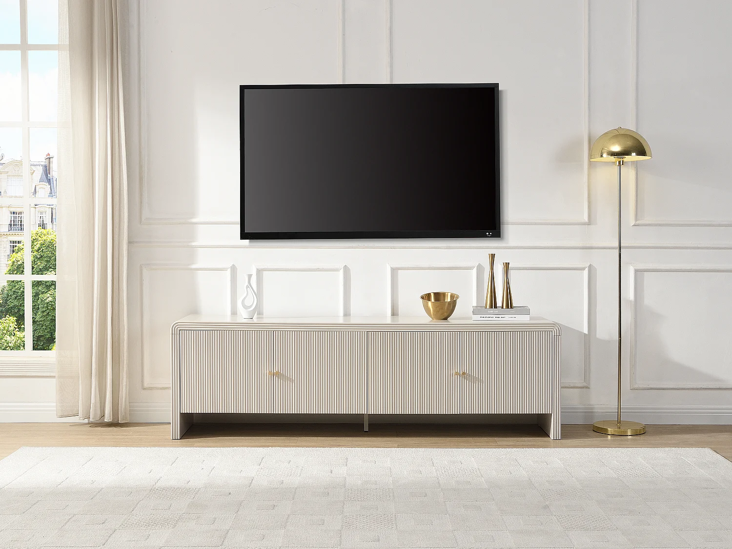 Meuble TV avec 4 portes en MDF - Beige et doré - MIRENALO