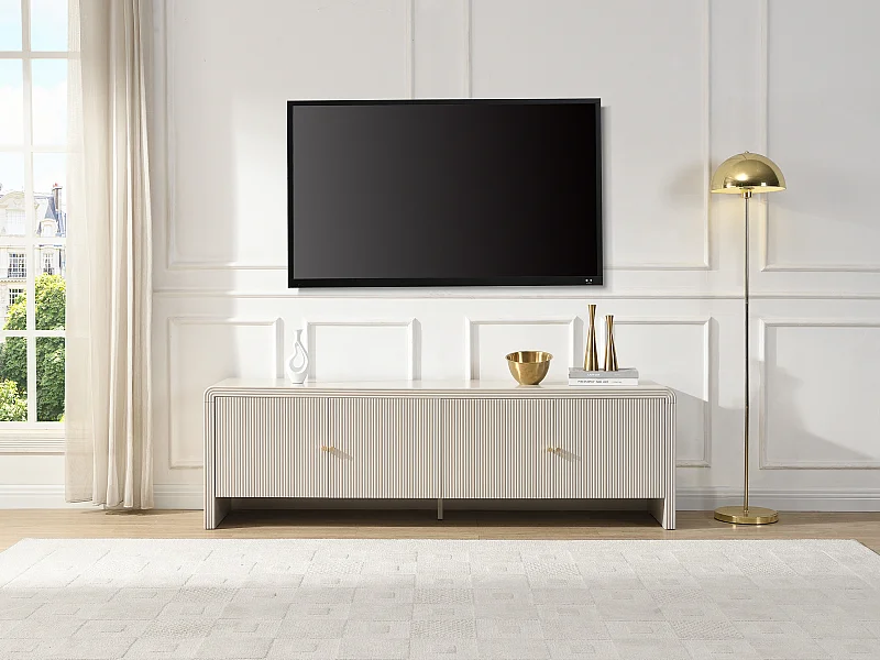 Meuble TV avec 4 portes en MDF - Beige et doré - MIRENALO