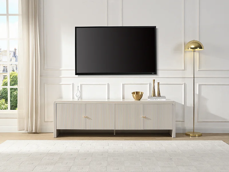 Meuble TV avec 4 portes en MDF - Beige et doré - MIRENALO