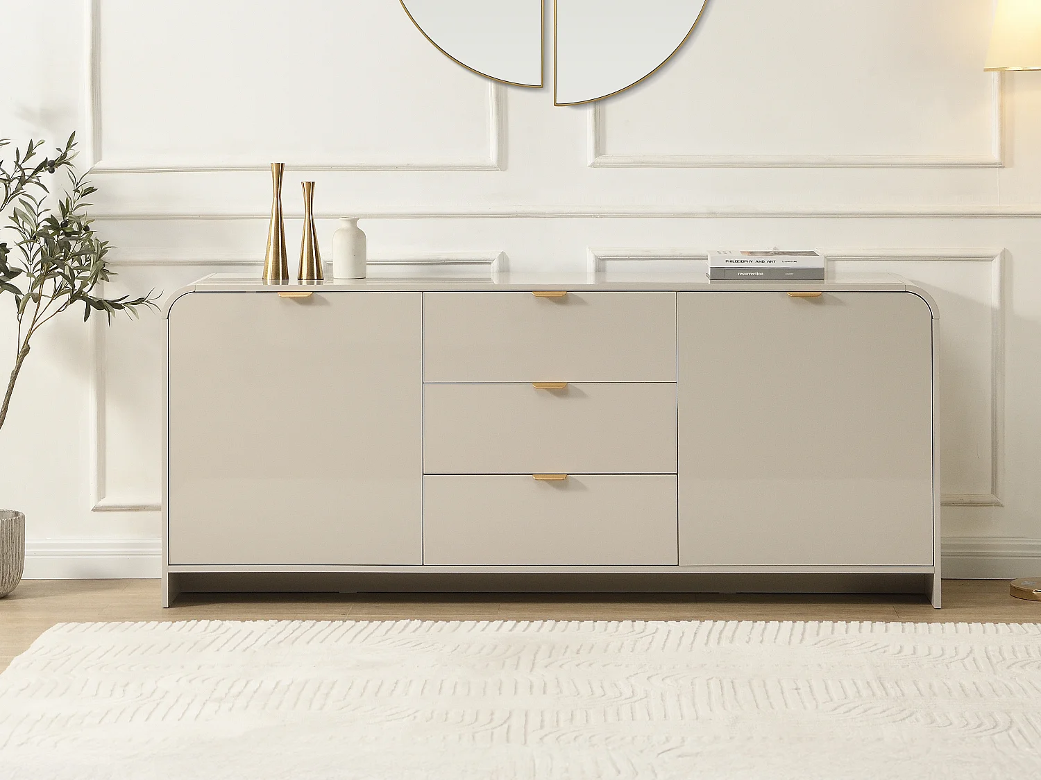 Buffet avec 2 portes et 3 tiroirs - Beige et doré - ORALINO