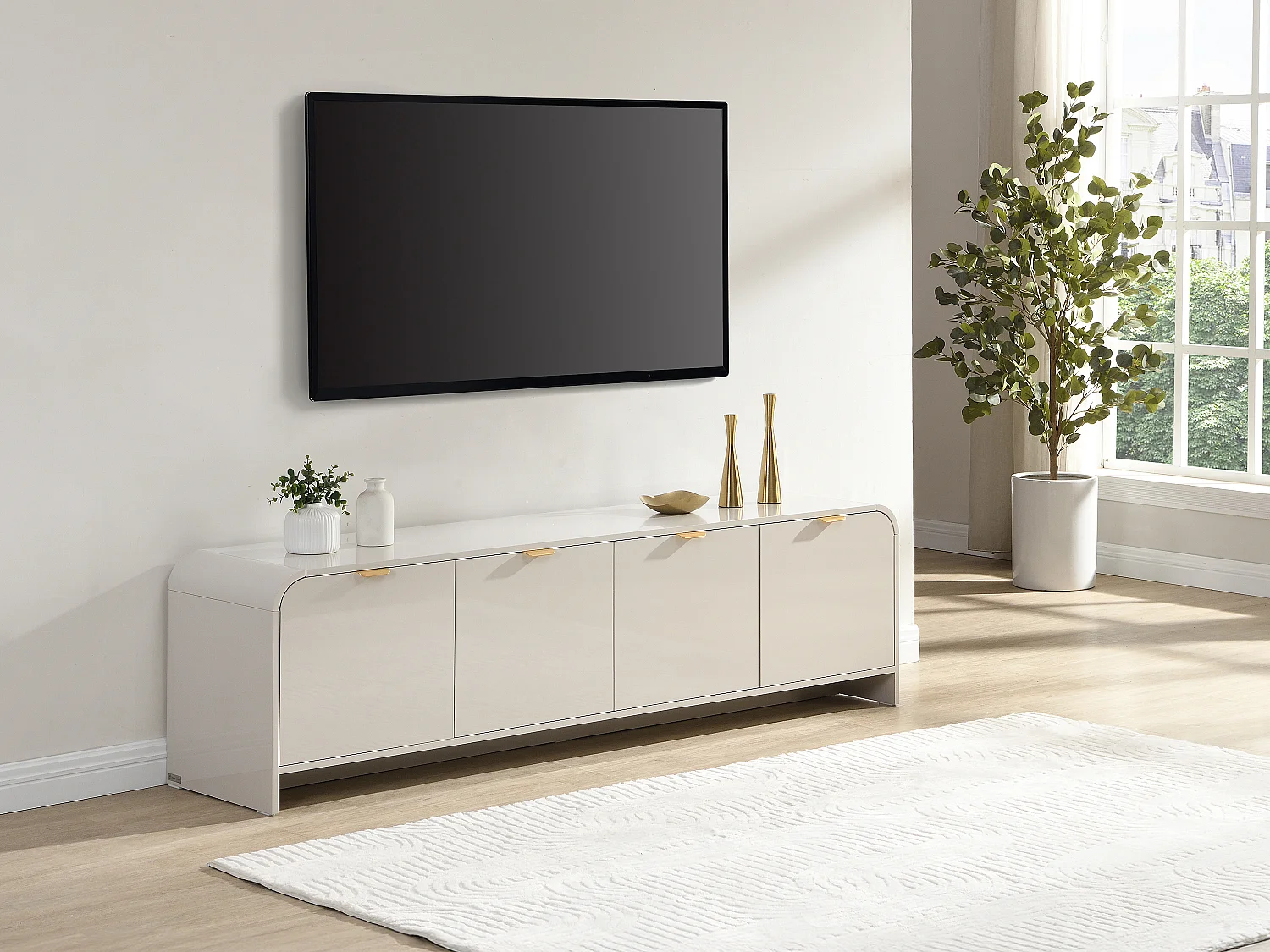 Meuble TV avec 4 portes - Beige et doré - ORALINO