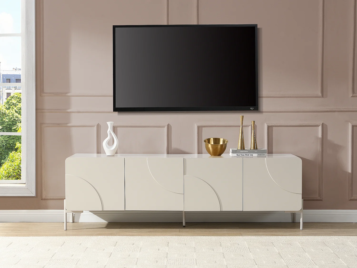 Meuble TV avec 4 portes en MDF - Beige - ZELINARO