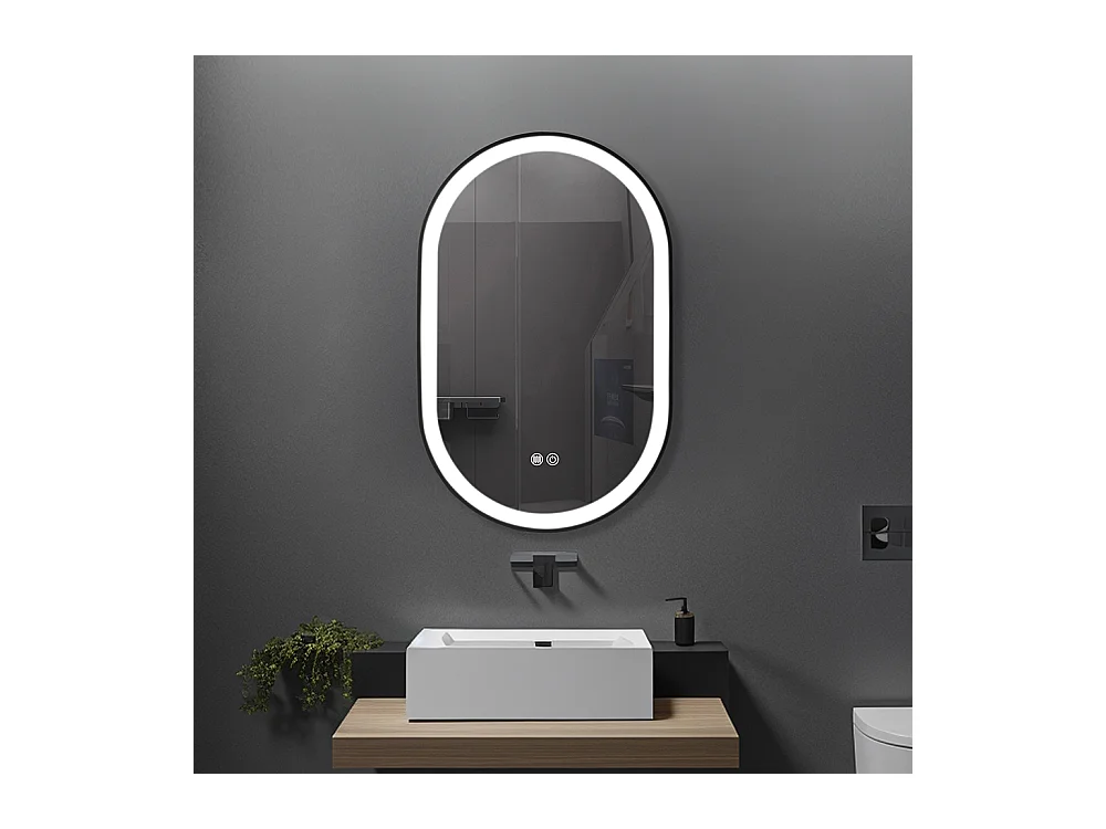Miroir salle de bain LED ovale 60x90cm anti buée avec cadre en aluminium noir- LuxuryBain