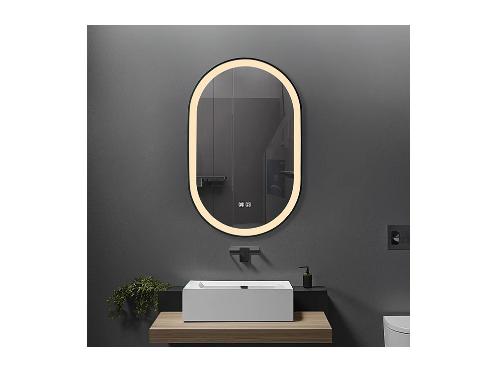 Miroir salle de bain LED ovale 60x90cm anti buée avec cadre en aluminium noir- LuxuryBain