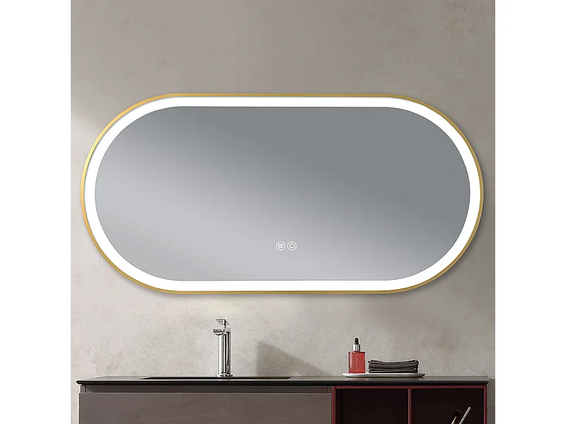Miroir salle de bain LED ovale 110x60cm anti buée avec cadre en aluminium doré- LuxuryBain