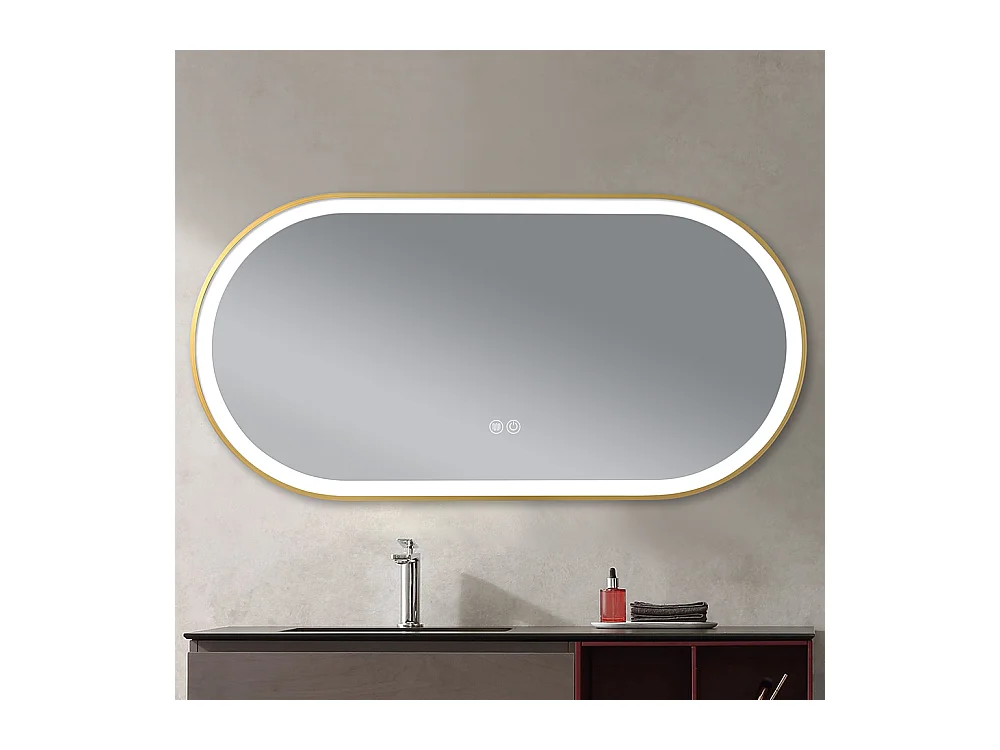 Miroir salle de bain LED ovale 110x60cm anti buée avec cadre en aluminium doré- LuxuryBain